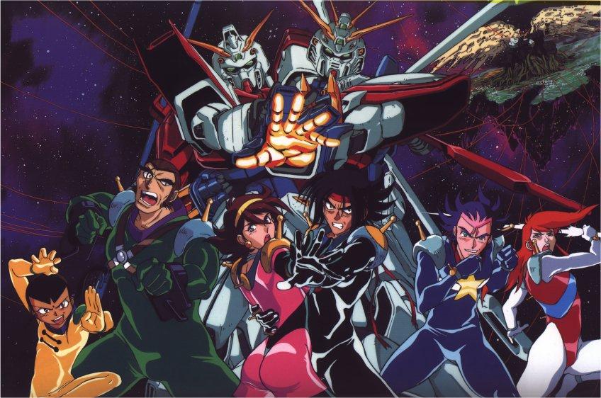 argo gulskii, chibodee crocket, devil gundam, domon kasshu, george de sand, god gundam, rain mikamura, rising gundam, sai saici, g gundam, gundam, official art, 1990s (style), 1girl, 5boys, ass, bakunetsu god finger, black hair, blue eyes, blue hair, brown hair, clenched hands, energy sword, everyone, fighting stance, glowing, glowing hand, green eyes, hachimaki, hand on another's back, headband, mecha pilot suit, mobile trace suit, multiple boys, red hair, retro artstyle, space, sword, thick eyebrows, weapon