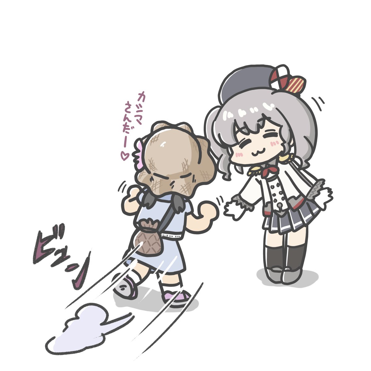ferret-san, kashima (kancolle), kantai collection, commentary request, highres, translation request, 2girls, :3, backpack, bag, beret, blue dress, closed eyes, dress, epaulettes, frilled sleeves, frills, full body, gloves, grey hair, grey skirt, hat, jacket, military jacket, military uniform, multiple girls, neckerchief, pleated dress, pleated skirt, red neckerchief, simple background, skirt, smile, solo focus, twintails, wavy hair, white background, white gloves