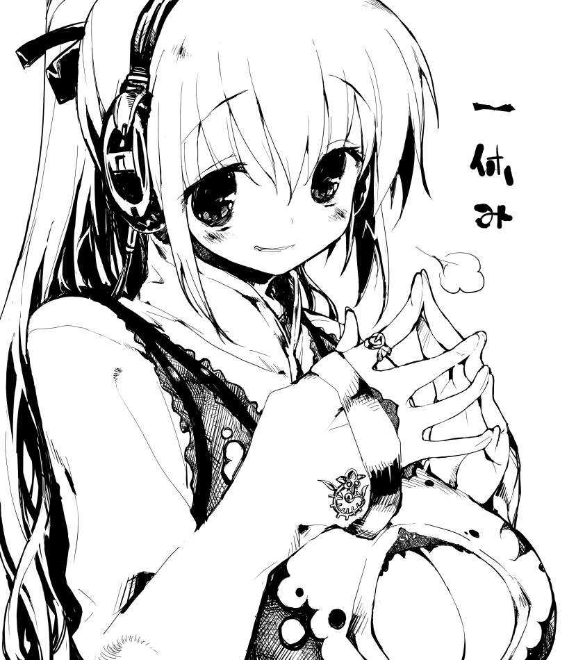 mutsutake, original, 1girl, breasts, cleavage, female focus, greyscale, headphones, large breasts, monochrome, ponytail, solo
