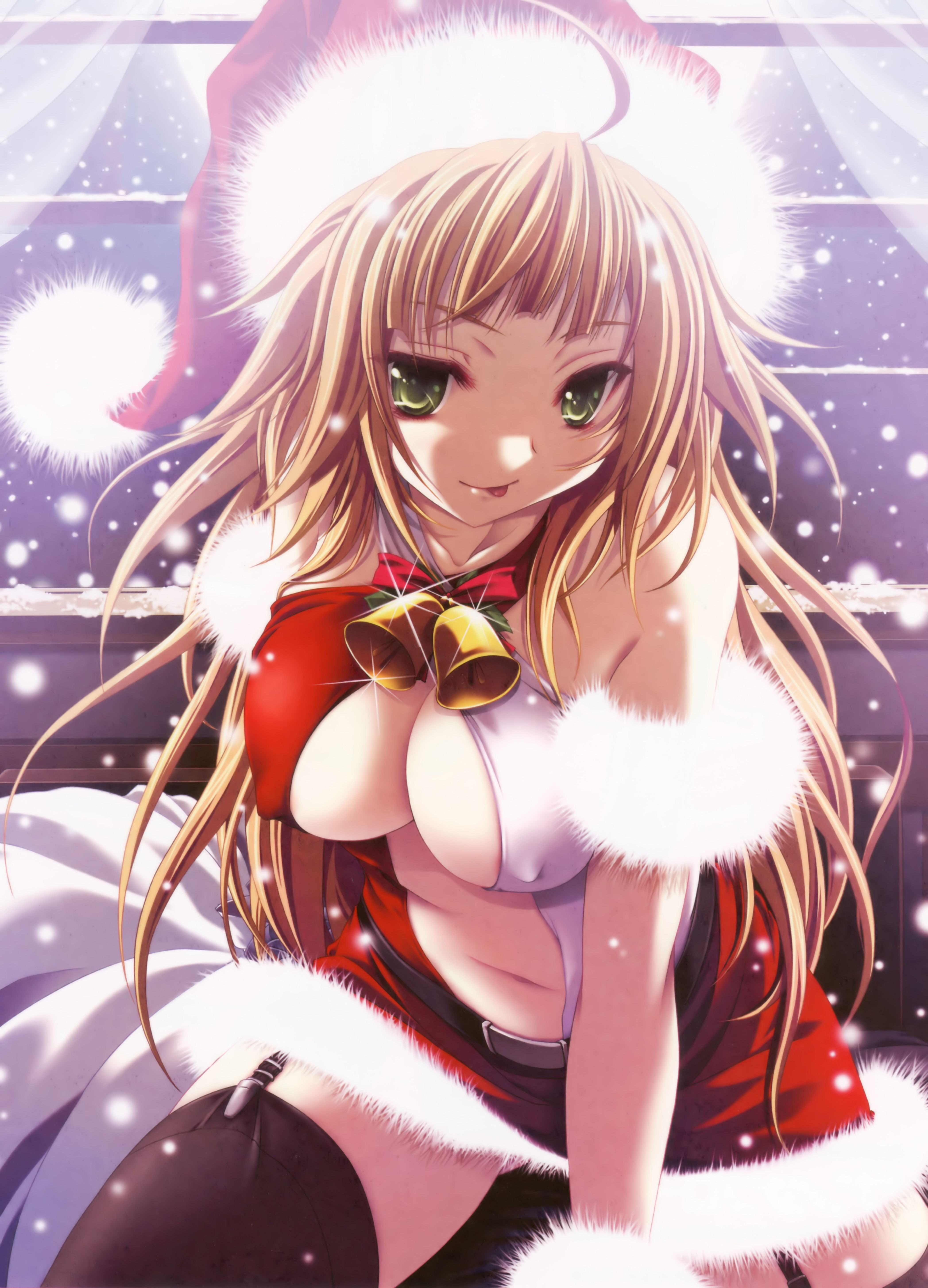 miyama-zero, absurdres, highres, 1girl, :p, ahoge, bag, bare shoulders, bell, breasts, brown hair, christmas, cleavage, covered erect nipples, female focus, green eyes, hat, large breasts, naughty face, navel, no bra, sack, santa costume, santa hat, smile, snow, solo, thighhighs, tongue, tongue out