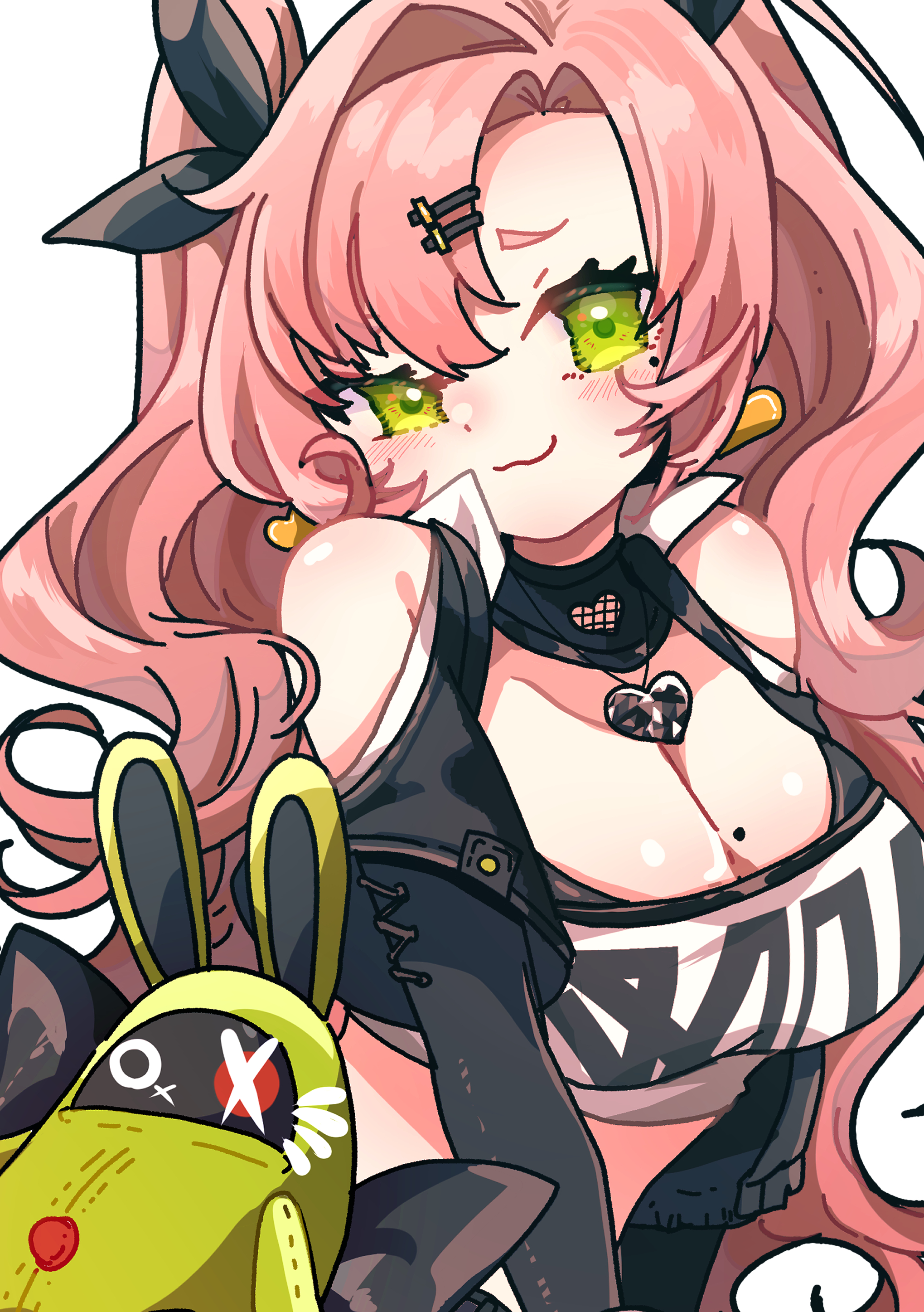 oyasumi makura, amillion (zenless zone zero), nicole demara, zenless zone zero, absurdres, highres, 1girl, :3, black ribbon, black sleeves, breasts, cleavage, clothing cutout, earrings, green eyes, hair ornament, hair ribbon, hairclip, heart, heart earrings, heart necklace, jewelry, large breasts, long hair, looking at viewer, midriff, mole, mole on breast, mole under eye, necklace, pink hair, ribbon, shoulder cutout, simple background, smile, solo, strapless, tube top, two side up, white background, white tube top