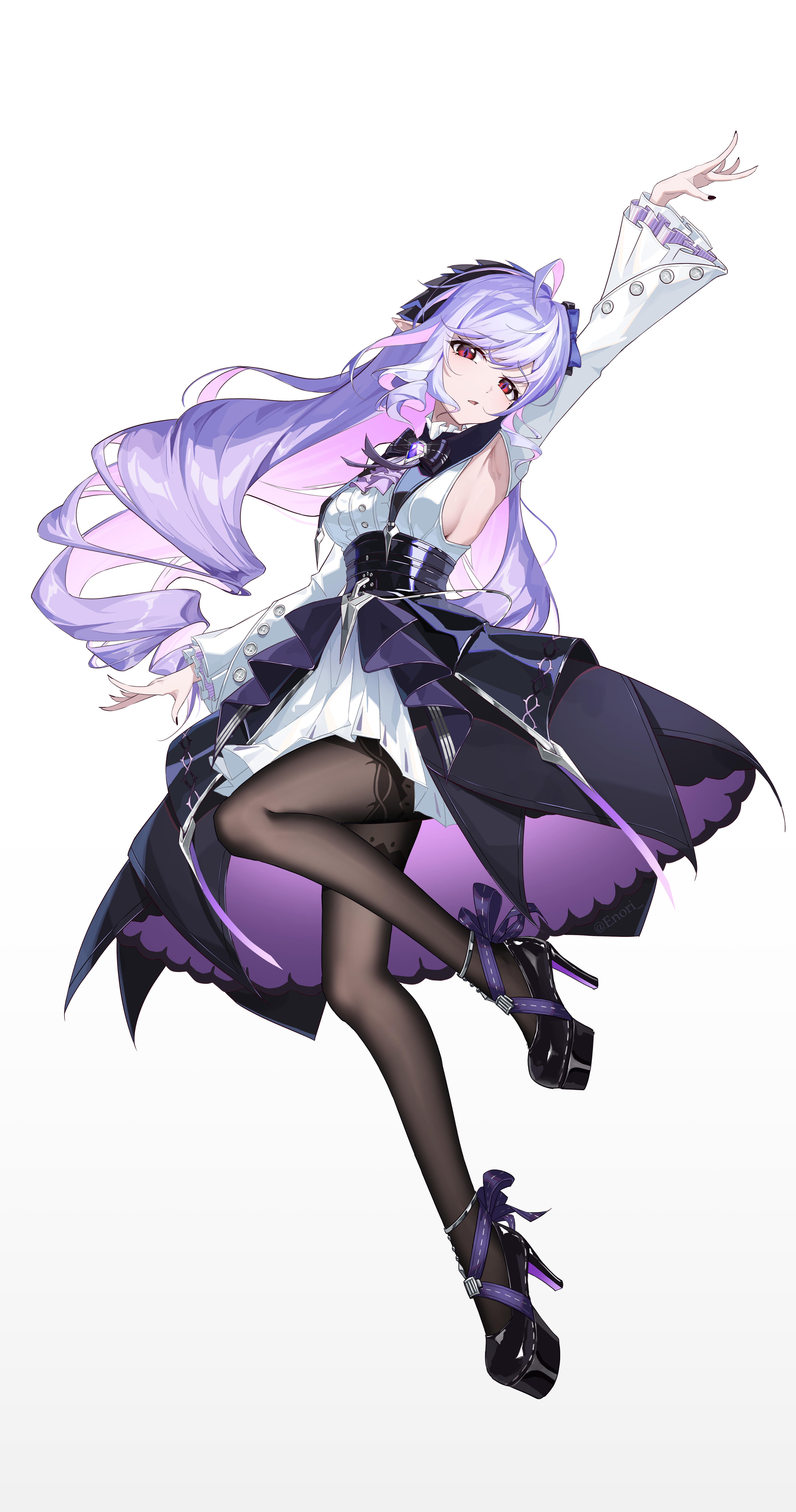 enori orz, vivian banshee, zenless zone zero, absurdres, commentary, highres, 1girl, arm up, black pantyhose, black shoes, breasts, colored inner hair, dress, full body, high heels, long hair, looking at viewer, medium breasts, multicolored hair, pantyhose, parted lips, pink hair, pointy ears, purple eyes, purple hair, shoes, sideboob, simple background, solo, white background, white dress