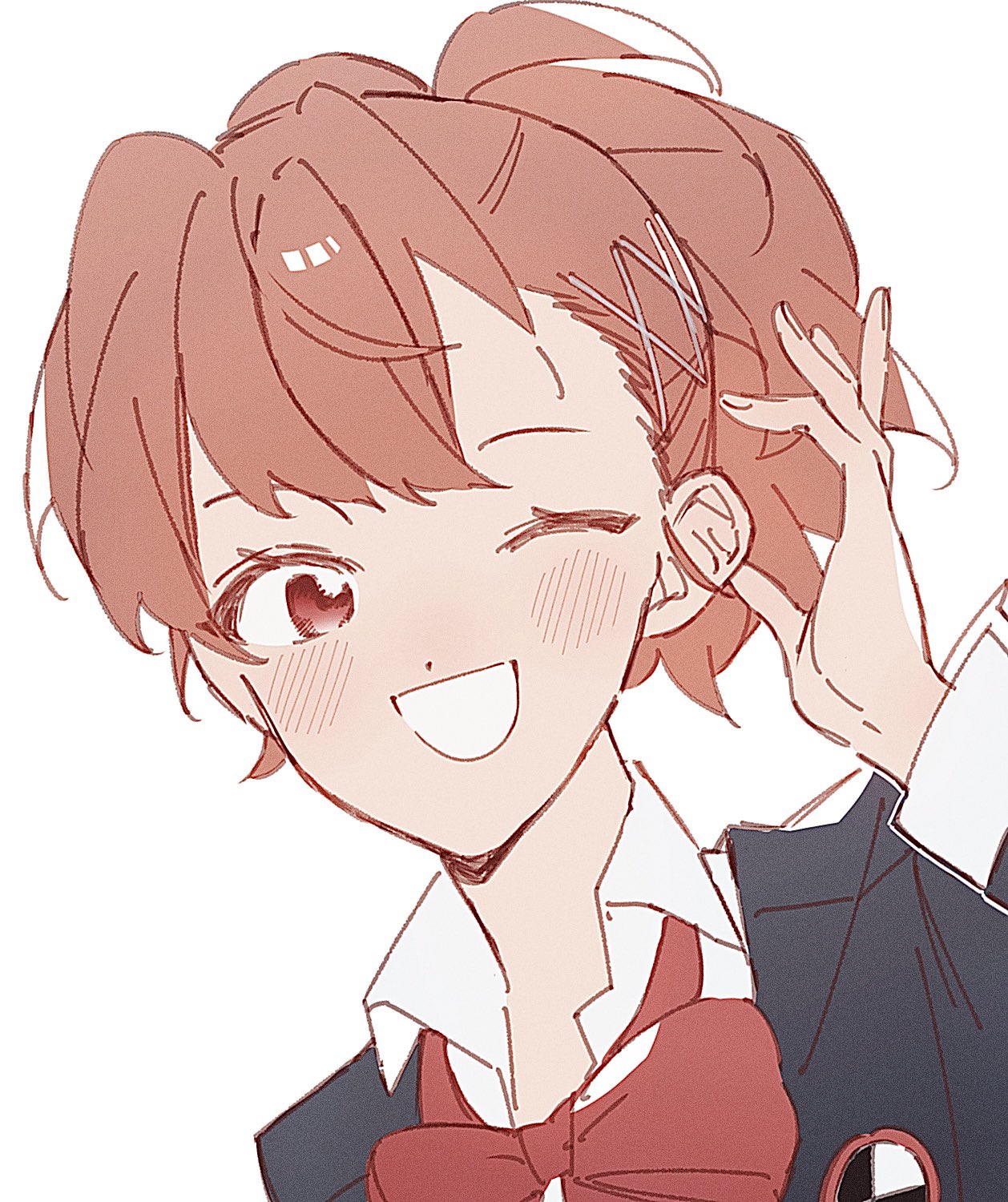 paitan1007, shiomi kotone, persona, persona 3, highres, 1girl, alternate hair color, black jacket, brown hair, gekkoukan high school uniform, hair ornament, hairpin, jacket, looking at viewer, neck ribbon, one eye closed, red eyes, red ribbon, ribbon, school uniform, shirt, smile, solo, white background, white shirt