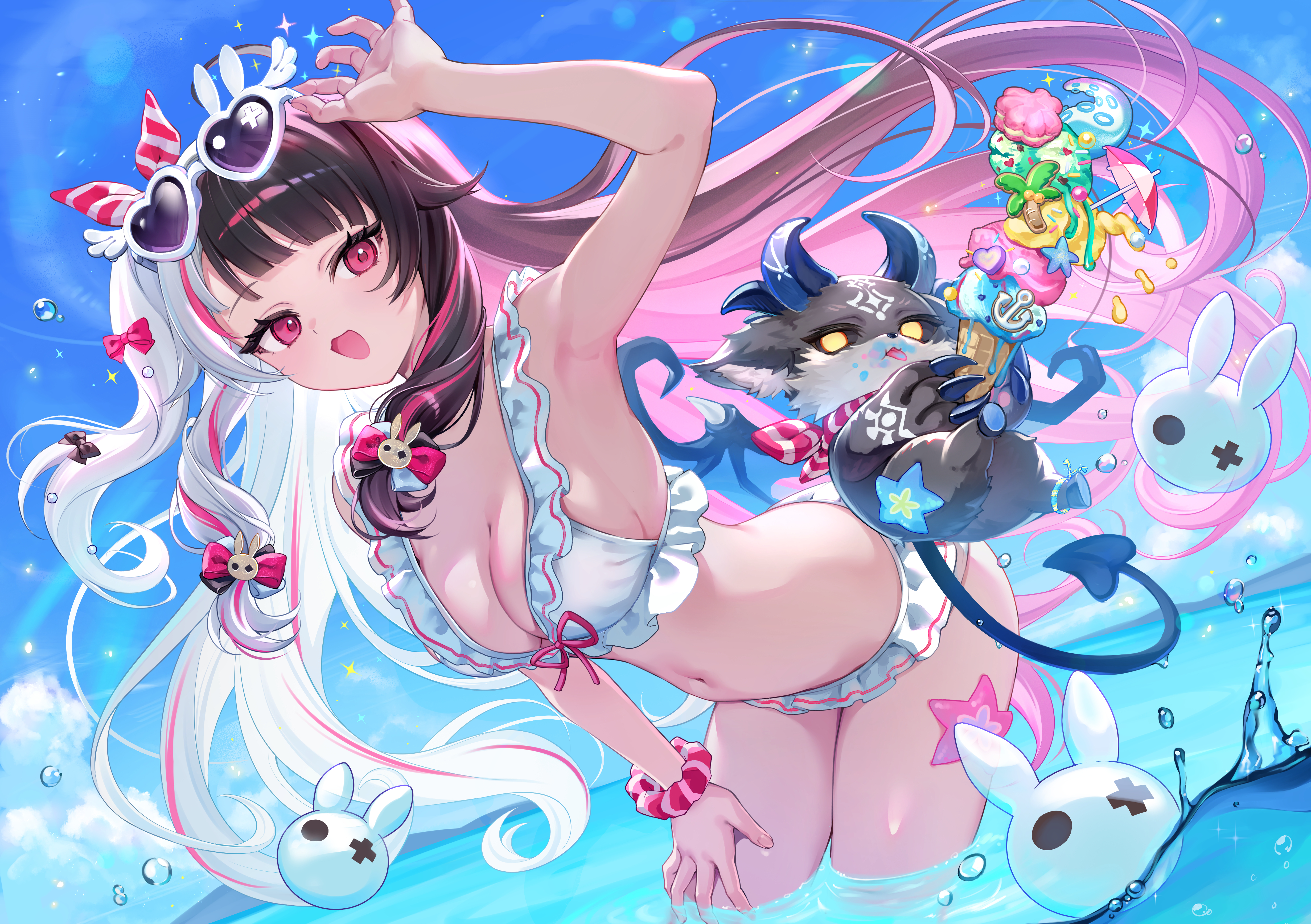 bochibochi (gyuuniku 6000), debidebi debiru, yorumi rena, nijisanji, absurdres, commentary request, highres, 1girl, 1other, alternate costume, arm up, armpits, bikini, black fur, black hair, black sclera, blue sky, cloud, cloudy sky, colored inner hair, colored sclera, day, demon, demon horns, demon tail, demon wings, eyewear on head, frilled bikini, frills, hair ornament, heart, heart-shaped eyewear, horns, leaning forward, monster, multicolored hair, no jacket, ocean, open mouth, pink eyes, pink hair, rabbit hair ornament, sky, split-color hair, swimsuit, tail, thighs, two side up, virtual youtuber, wading, white bikini, white hair, wings