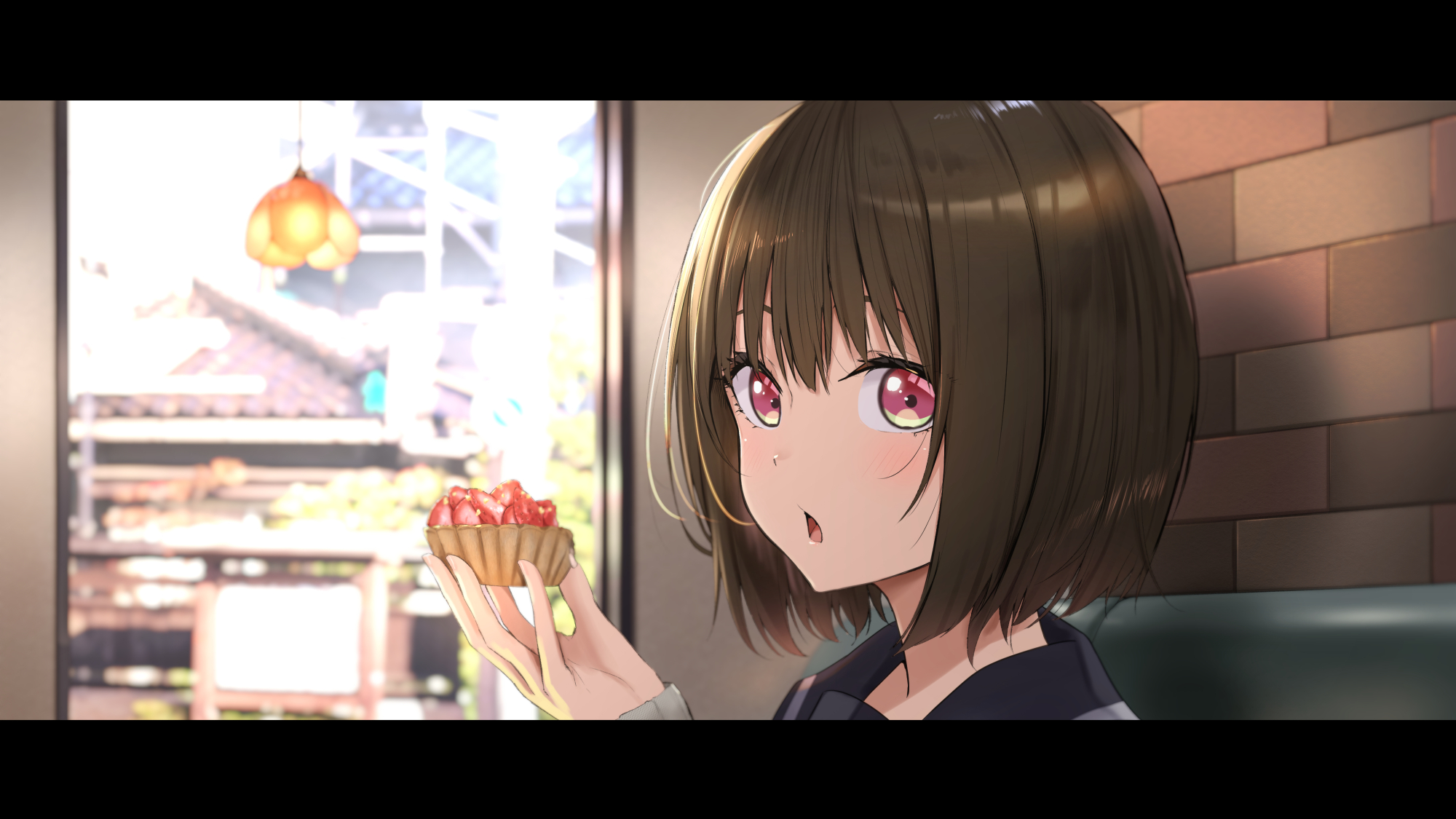 sahara386, osanai yuki, shoushimin series, commentary request, highres, 1girl, :o, black hair, bob cut, brick wall, food, fruit tart, holding, holding food, letterboxed, looking at viewer, portrait, purple eyes, short hair, solo, strawberry tart, tart (food)