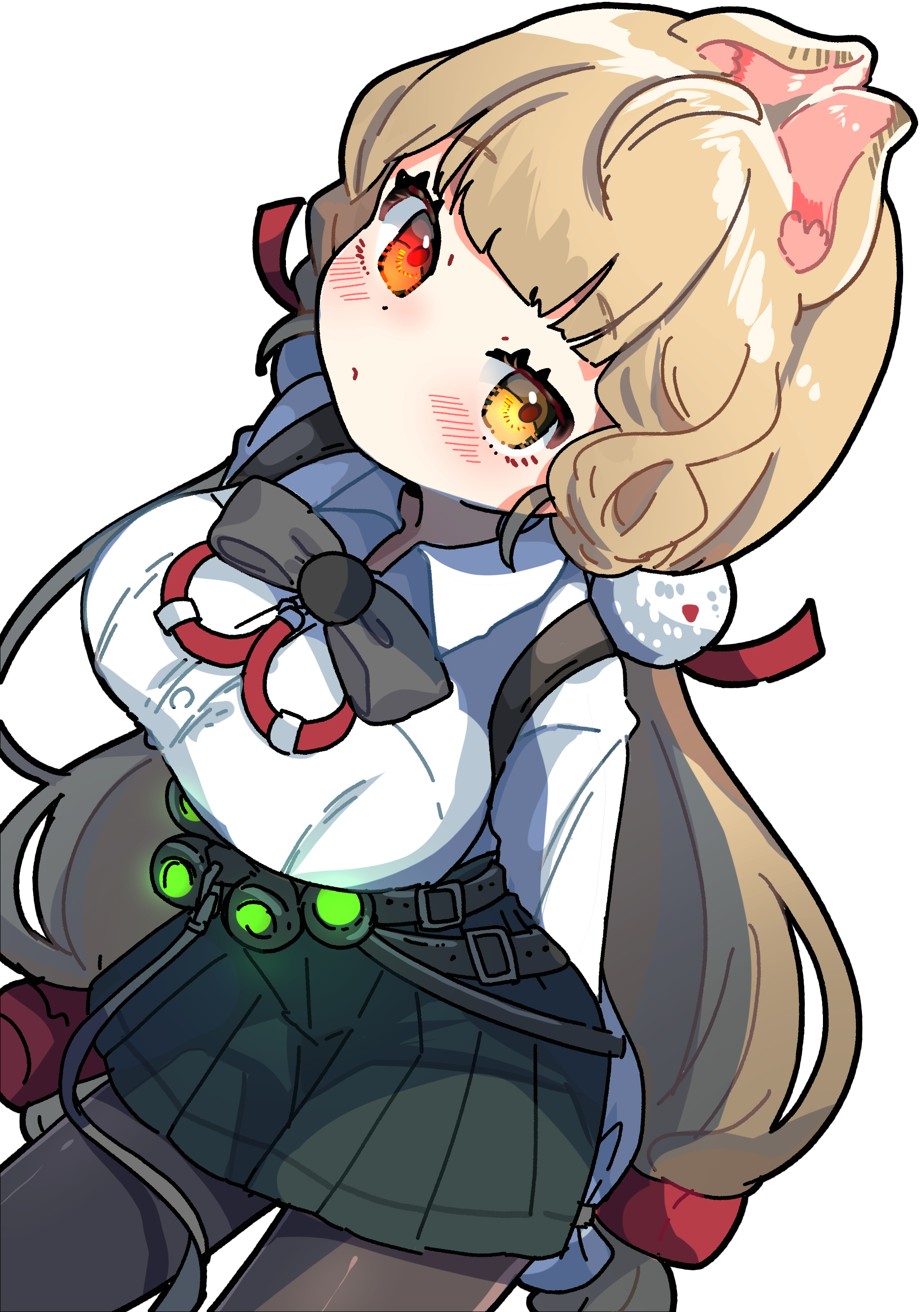 oyasumi makura, alice thymefield, zenless zone zero, absurdres, commentary request, highres, 1girl, animal ears, black pantyhose, blonde hair, breasts, collared shirt, cowboy shot, expressionless, green skirt, hair ornament, heterochromia, large breasts, long hair, long sleeves, looking at viewer, low twintails, orange eyes, pantyhose, rabbit ears, rabbit girl, shirt, simple background, skirt, solo, sphere hair ornament, twintails, white background, white shirt, yellow eyes