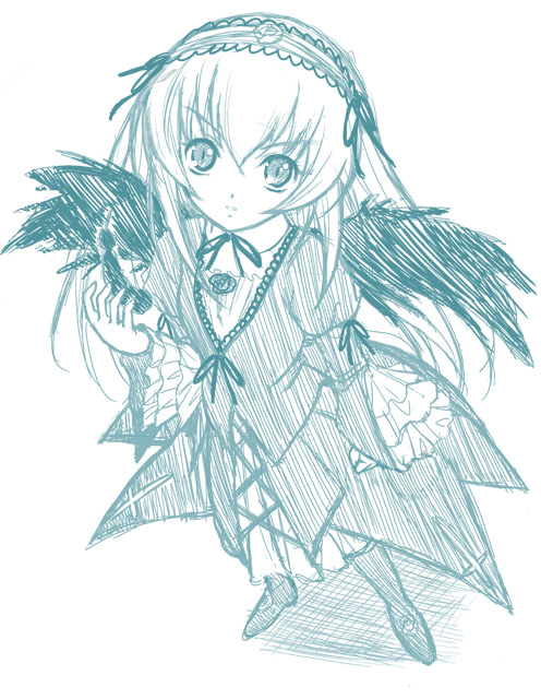 kusui aruta, suigintou, rozen maiden, 00s, 1girl, aqua theme, female focus, monochrome, sketch, solo
