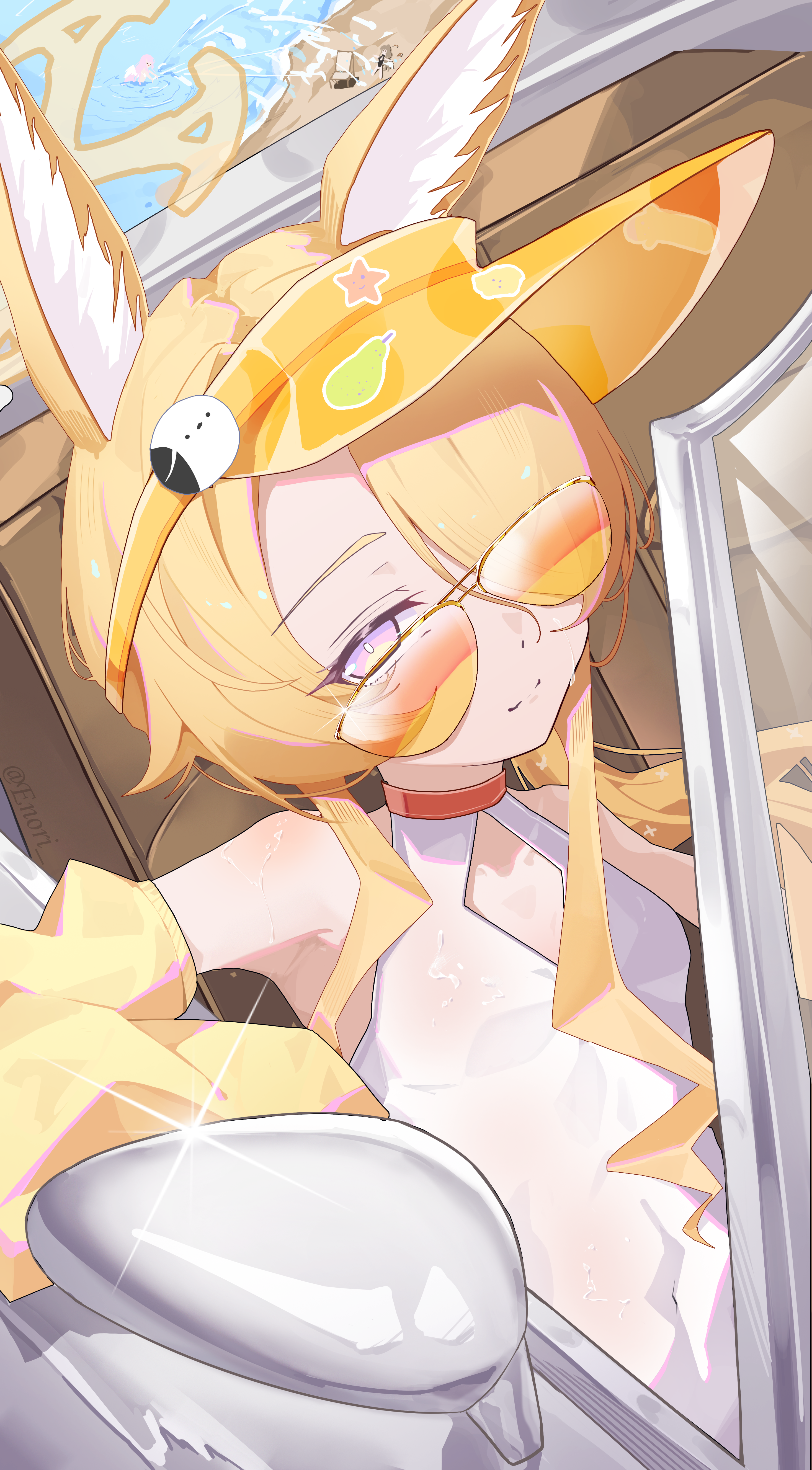 enori orz, mika (blue archive), mika (swimsuit) (blue archive), nagisa (blue archive), nagisa (swimsuit) (blue archive), seia (blue archive), seia (swimsuit) (blue archive), blue archive, absurdres, commentary, highres, 3girls, animal ears, beach, blonde hair, breasts, car, closed mouth, driving, fox ears, hair over one eye, halo, looking at viewer, motor vehicle, multiple girls, ocean, official alternate costume, one-piece swimsuit, one eye covered, see-through clothes, see-through one-piece swimsuit, sitting, small breasts, solo focus, sunglasses, swimsuit, tinted eyewear, visor cap, white one-piece swimsuit, yellow-tinted eyewear, yellow eyes, yellow halo