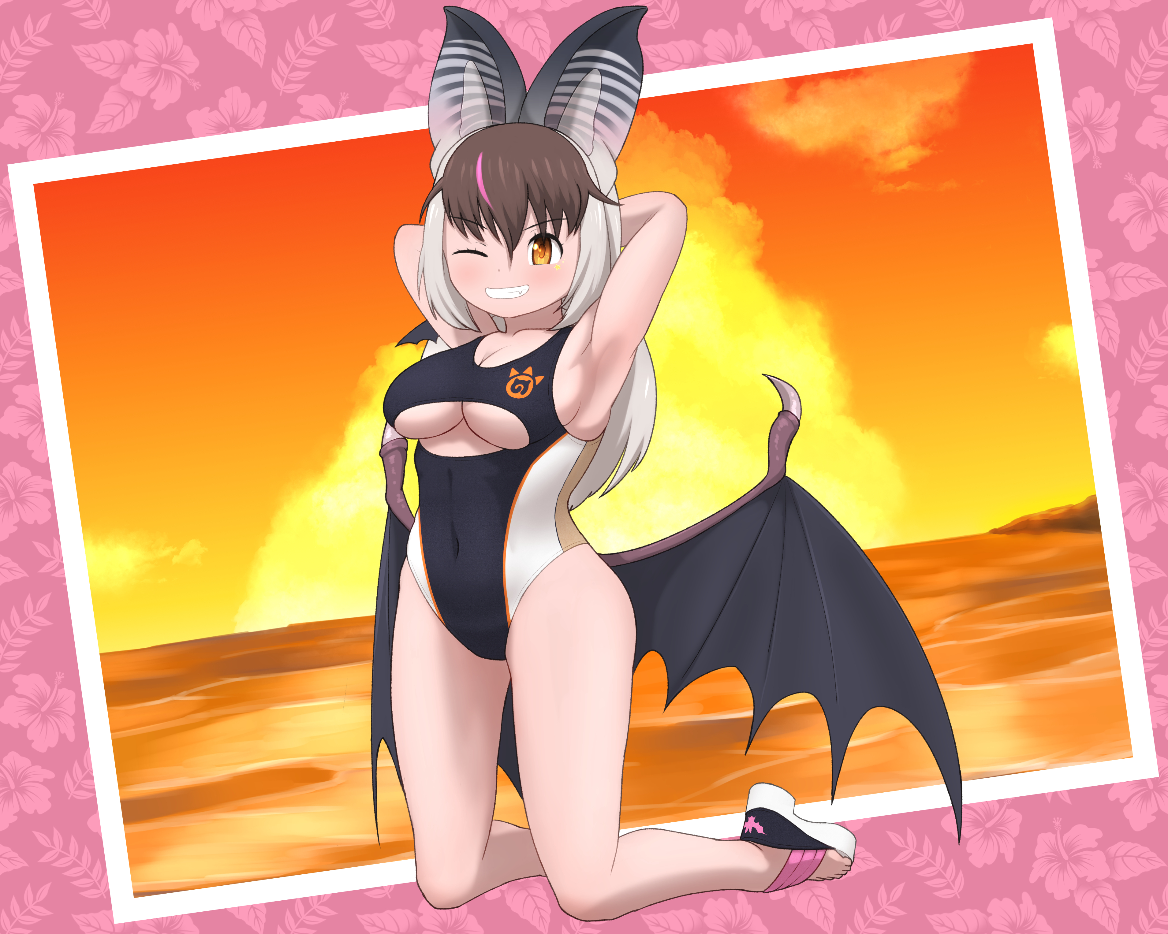 rest in muni, brown long-eared bat (kemono friends), kemono friends, kemono friends v project, absurdres, highres, 1girl, animal ears, armpits, arms up, bat ears, bat girl, bat wings, beach, breasts, brown eyes, brown hair, cleavage, extra ears, full body, grey hair, large breasts, long hair, looking at viewer, multicolored hair, one eye closed, photo (object), sandals, solo, streaked hair, sunset, swimsuit, virtual youtuber, wings
