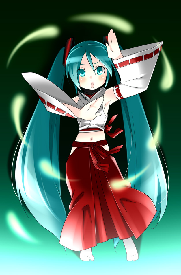caffein, hatsune miku, vocaloid, 1girl, adapted uniform, aqua hair, armpits, female focus, flat chest, hakama, hakama skirt, japanese clothes, long hair, miko, red hakama, skirt, solo, twintails, very long hair