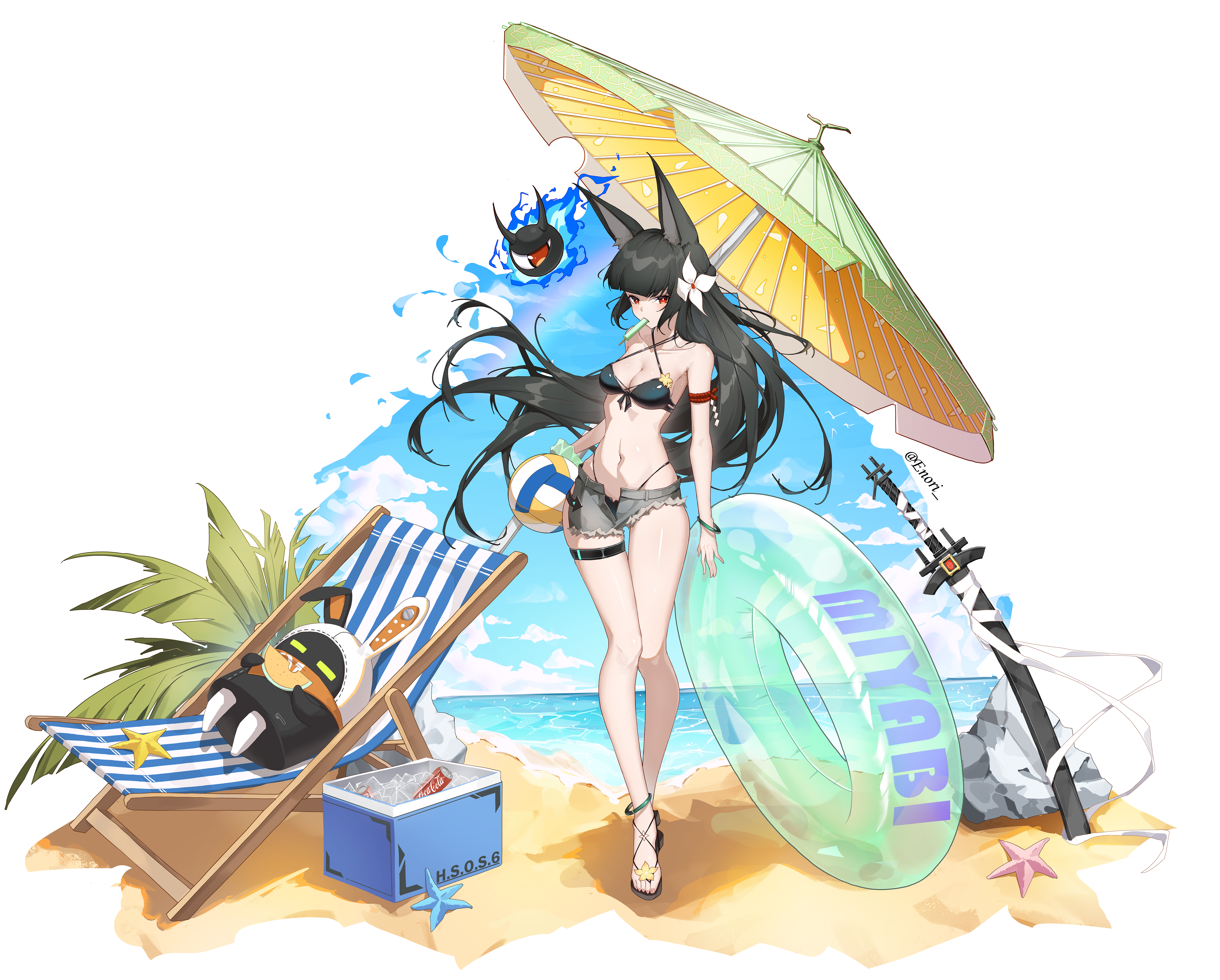 enori orz, hoshimi miyabi, coca-cola, zenless zone zero, absurdres, commentary, highres, 1girl, alternate costume, animal ears, ball, beach, beach chair, beach umbrella, beachball, bikini, black hair, blue sky, blunt bangs, breasts, cleavage, cooler, criss-cross halter, flower, full body, green bikini, hair flower, hair ornament, halterneck, highleg, highleg bikini, holding, holding ball, holding beachball, katana, long hair, looking at viewer, mouth hold, ocean, red eyes, rock, short shorts, shorts, sky, small breasts, solo, standing, starfish, swim ring, swimsuit, sword, thigh strap, umbrella, unb, walking, weapon
