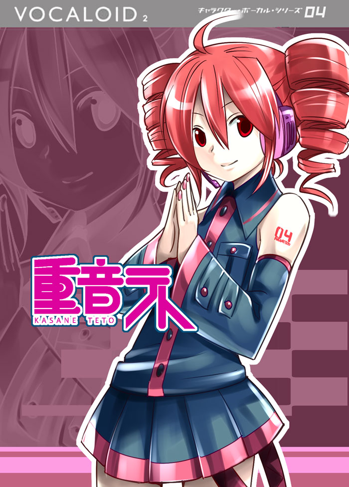 caffein, kasane teto, kasane teto (utau), utau, vocaloid, official art, 1girl, ahoge, detached sleeves, drill hair, female focus, happy, headphones, own hands clasped, own hands together, parody, red eyes, red hair, skirt, smile, solo, twin drills, twintails, zoom layer