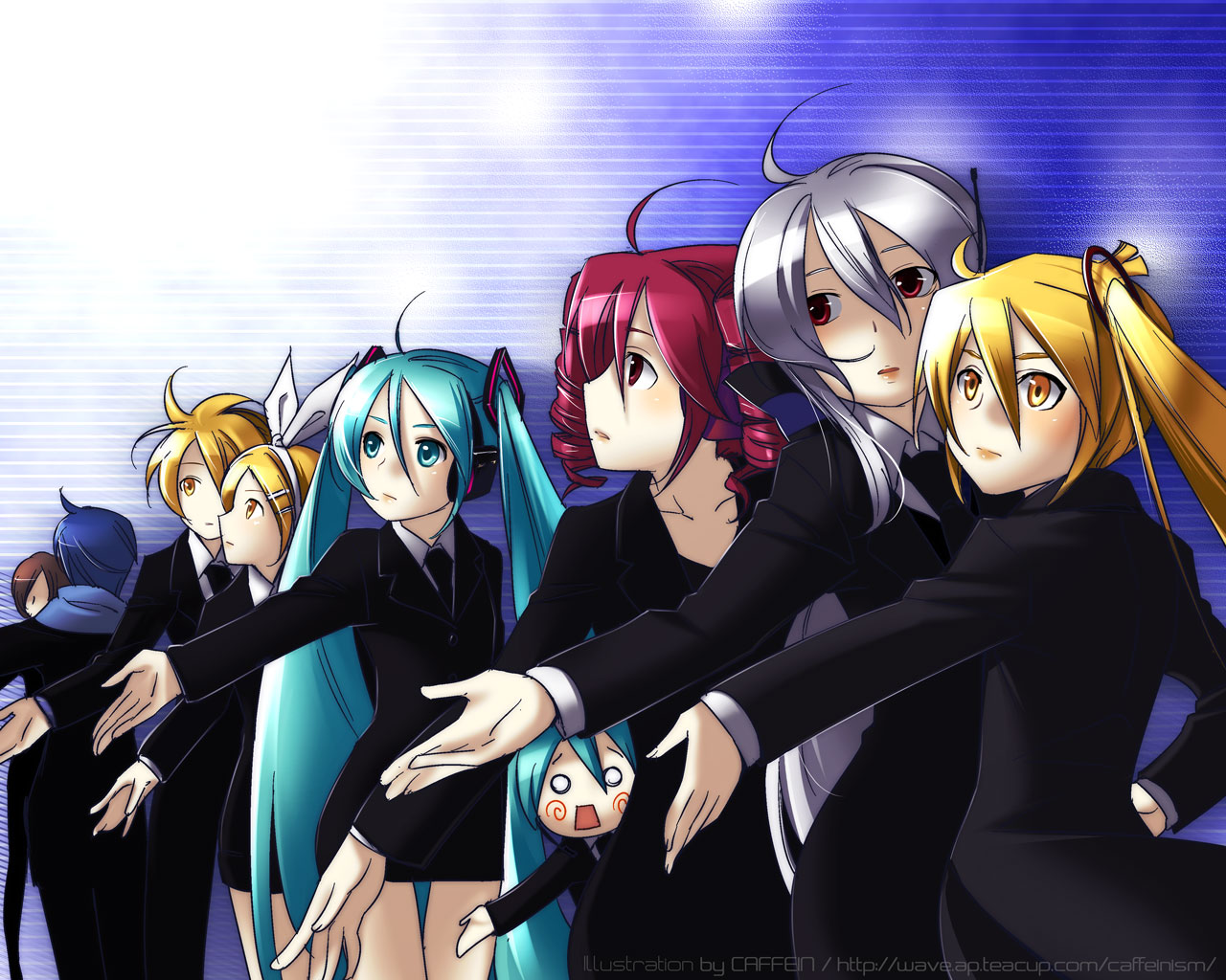 caffein, akita neru, hachune miku, hatsune miku, kagamine len, kagamine rin, kaito (vocaloid), kasane teto, meiko (vocaloid), yowane haku, utau, vocaloid, 2boys, 6+girls, ahoge, aqua hair, bad anatomy, blonde hair, brother and sister, crossover, drill hair, everyone, formal clothes, long hair, multiple boys, multiple girls, poorly drawn, siblings, skirt, skirt suit, suit, twin drills, twins, twintails