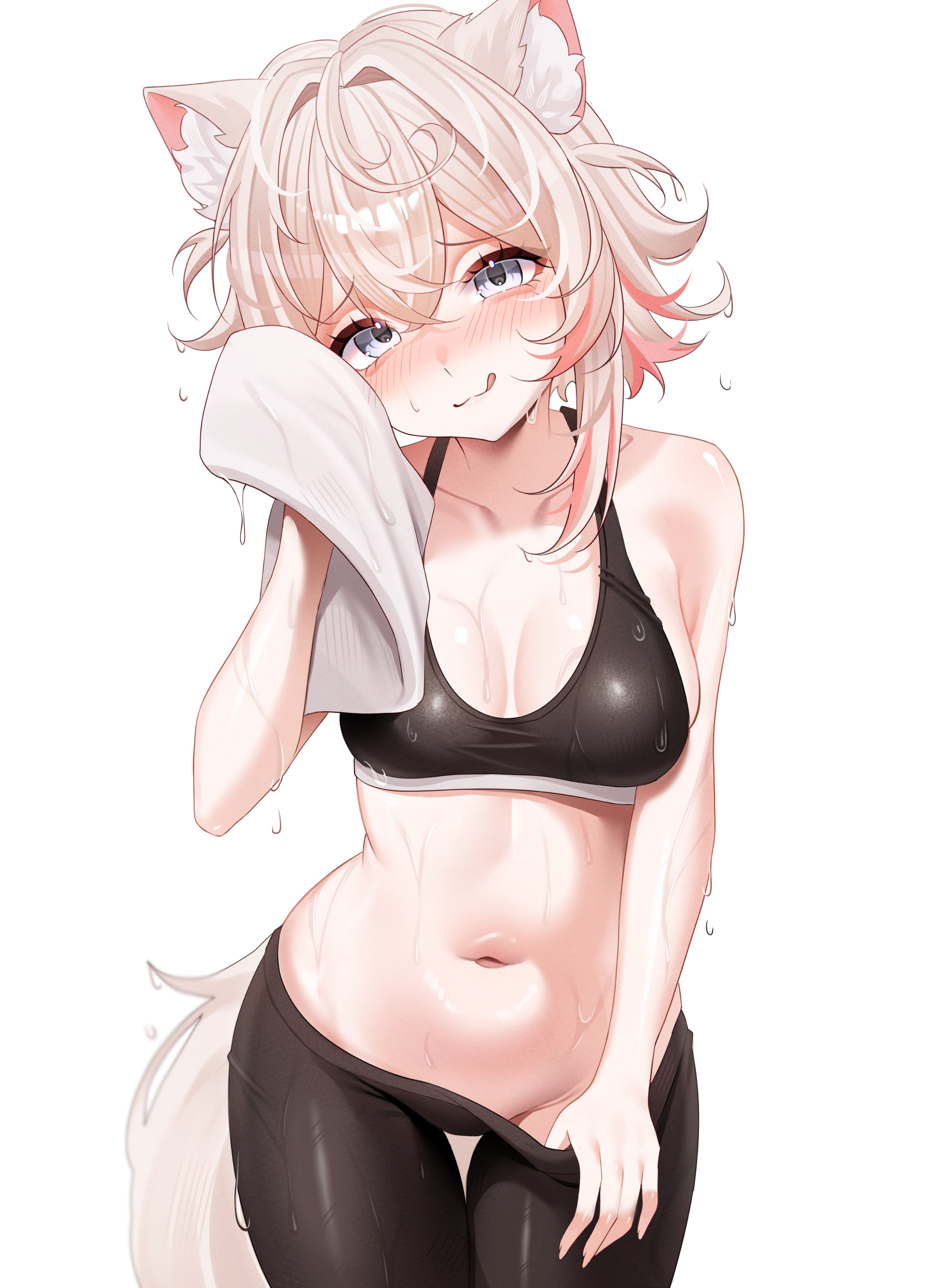 sinonamon, mococo abyssgard, hololive, hololive english, absurdres, commentary, highres, symbol-only commentary, 1girl, alternate costume, animal ear fluff, animal ears, black pants, black sports bra, blonde hair, blue eyes, blush, breasts, cleavage, clothes pull, cowboy shot, crossed bangs, dog ears, dog girl, dog tail, double-parted bangs, fingernails, groin, hair between eyes, hair intakes, holding, holding towel, looking at viewer, medium breasts, midriff, multicolored hair, navel, pants, pants pull, pink hair, short hair, simple background, solo, sports bra, sportswear, streaked hair, sweat, tail, thigh gap, towel, two-tone hair, virtual youtuber, white background, wiping sweat, yoga pants