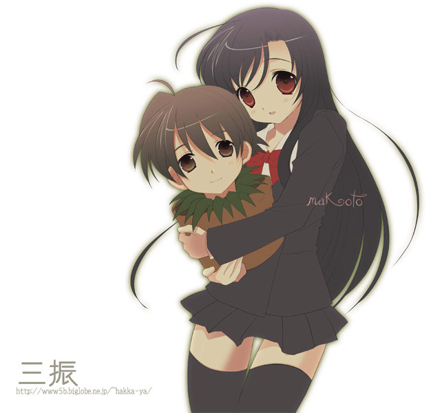 tokumi yuiko, itou makoto (school days), katsura kotonoha, school days, head, duplicate, 00s, 1boy, 1girl, bow, flower, flower pot, long hair, red bow, school uniform, serafuku, severed head, smile, thighhighs