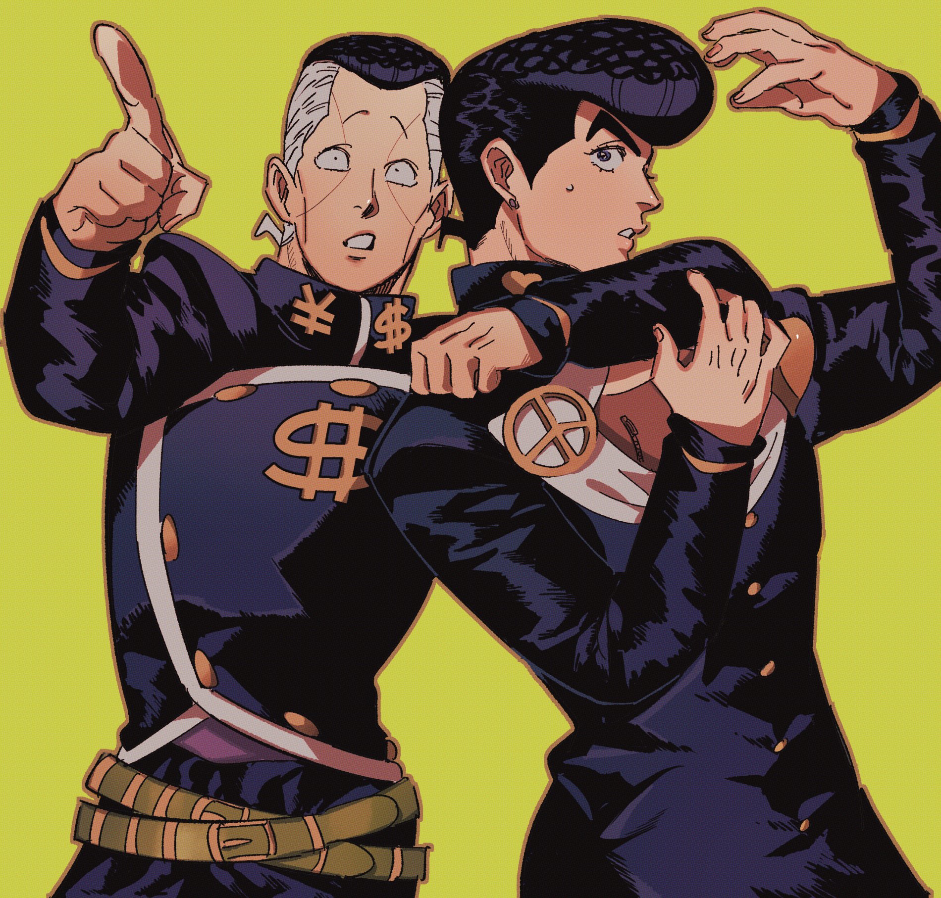 tirauraja, higashikata josuke, nijimura okuyasu, diamond wa kudakenai, jojo no kimyou na bouken, commentary request, highres, 2boys, arm around shoulder, arms up, belt, belt buckle, black hair, black jacket, black pants, brooch, brown belt, buckle, buttons, collared jacket, cowboy shot, dollar sign, gakuran, grey eyes, grey hair, heart, jacket, jewelry, long sleeves, looking to the side, male focus, multicolored hair, multiple belts, multiple boys, pants, parted lips, peace symbol, pointing, pompadour, popped collar, school uniform, short sideburns, simple background, striped belt, sweat, teeth, two-tone hair, yellow background, yen sign