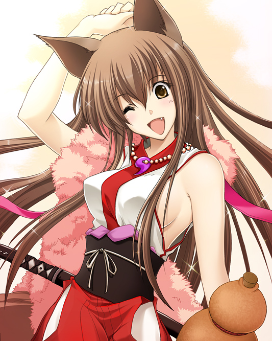 won (az hybrid), original, 1girl, animal ears, breasts, brown hair, fang, fantasy, female focus, fox ears, katana, large breasts, long hair, sideboob, solo, sword, weapon
