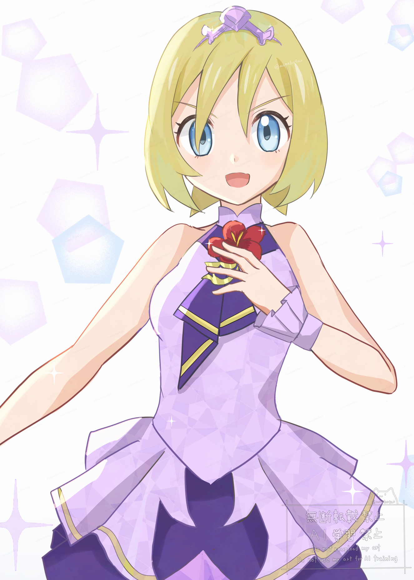 aoneko4ao (edwf7745), irida (anniversary 2025) (pokemon), irida (pokemon), nintendo, pokemon, pokemon masters ex, highres, 1girl, bare shoulders, blonde hair, breasts, dress, hair between eyes, headband, looking at viewer, neckerchief, official alternate costume, open mouth, purple dress, purple headband, purple neckerchief, purple wrist cuffs, short hair, simple background, sleeveless, sleeveless dress, smile, upper body, wrist cuffs