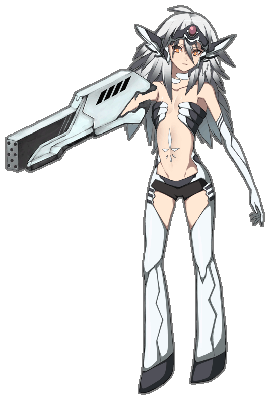 hifumi chiyoko, original, silver hair, 1girl, ahoge, armor, bare shoulders, collarbone, elbow gloves, fantasy, female focus, full body, gem, gloves, groin, headpiece, long hair, looking at viewer, midriff, navel, orange hair, red eyes, revealing clothes, short shorts, shorts, simple background, solo, stomach, thighhighs, transparent background, weapon, white background, white thighhighs