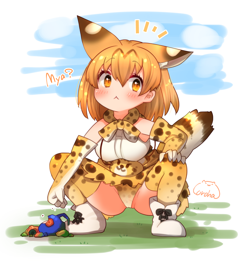 coroha, cellien (kemono friends), serval (kemono friends), kemono friends, 1girl, animal ears, bag, blonde hair, bow, bowtie, cat ears, cat girl, cat tail, elbow gloves, extra ears, gloves, panties, shirt, shoes, short hair, simple background, skirt, sleeveless, sleeveless shirt, stuffed animal, stuffed toy, tail, underwear, yellow eyes