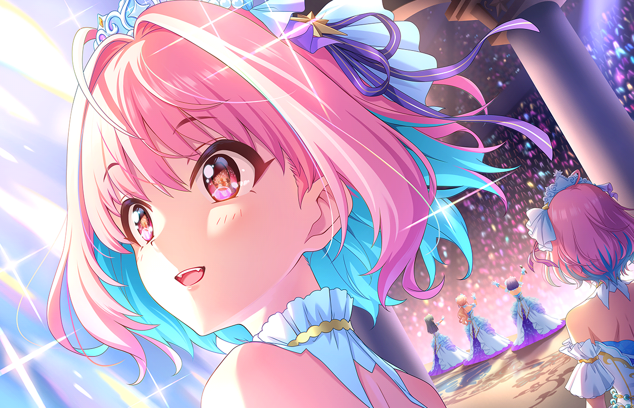 yumemi riamu, idolmaster, idolmaster cinderella girls, idolmaster cinderella girls starlight stage, commentary, official art, 4girls, ahoge, aqua hair, back, blush, collar, detached collar, detached sleeves, dress, envelope, eye reflection, fangs, glowstick, hair intakes, hair ribbon, holding, median furrow, medium hair, multicolored hair, multiple girls, night, open mouth, pink eyes, pink hair, purple ribbon, reflection, ribbon, smile, solo focus, stage, teeth, tiara, two-tone hair, upper teeth only, white collar, white dress, white ribbon, white sleeves
