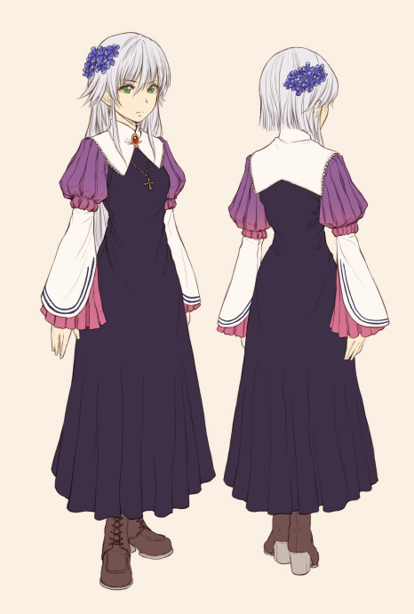 tokunou shoutarou, original, brown footwear, silver hair, 1girl, blunt bangs, boots, dress, from behind, full body, hair ornament, hairpin, knee boots, long dress, long sleeves, multiple views, purple dress, short hair, standing