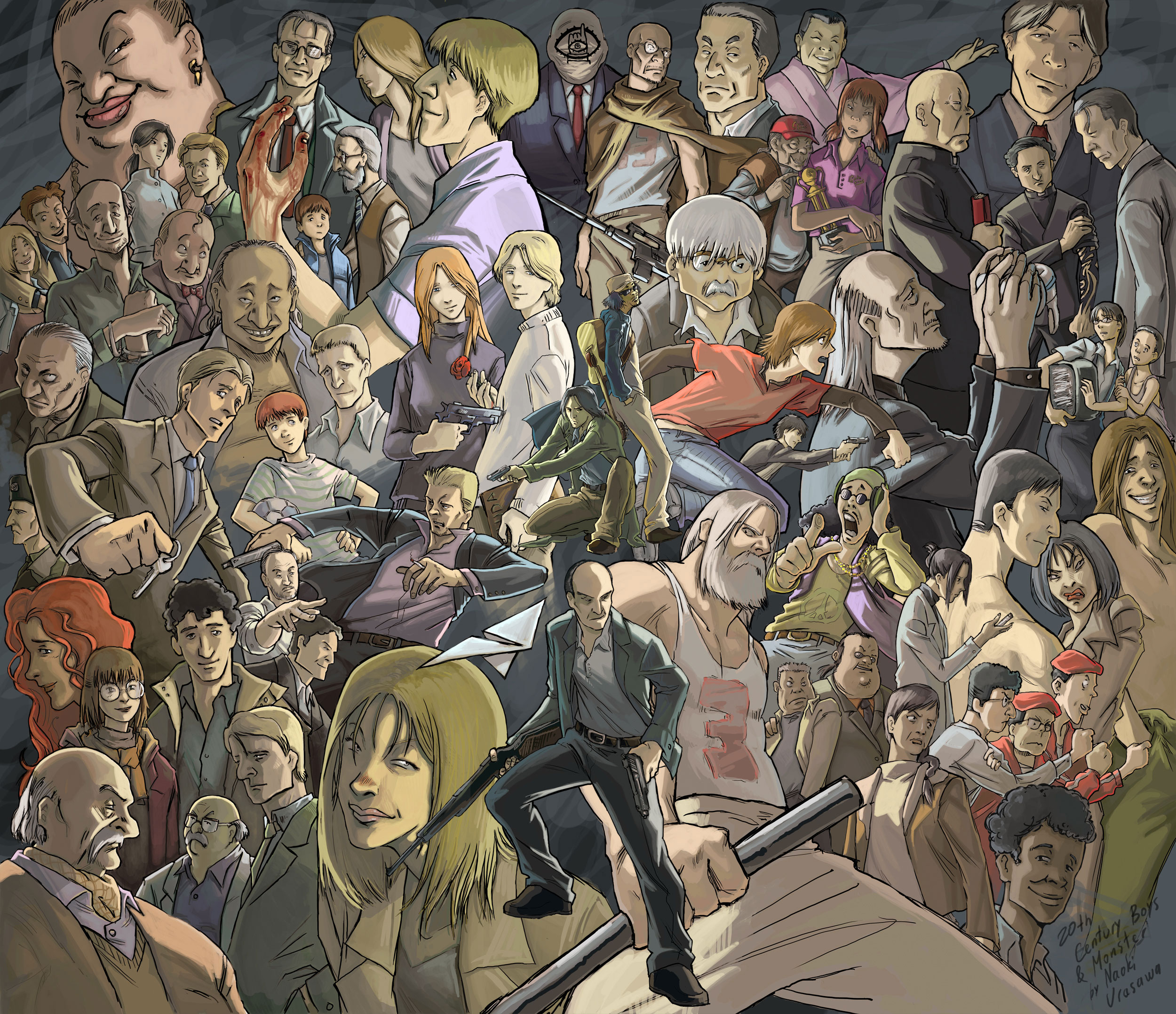 drawfag, shroedinger, akachan, anna liebert, dieter (monster), endou kanna, endou kenji, eva heinemann, hans georg schuwald, heinrich lunge, heinrich runge, helmut wolfe, johan liebert, karl neumann, klaus poppe, lotte frank, reichwein, roberto (monster), roberto (monster manga), tenma kenzou, tomodachi (20th century boys), wolfgang grimmer, 20th century boys, monster (manga), annotation request, highres, md5 mismatch, resized, resolution mismatch, source smaller, upscaled, 6+boys, 6+girls, afro, bald, beret, black hair, blazer, blonde hair, blood, blue sophie, brown hair, curly hair, earrings, everyone, formal clothes, glasses, guitar, gun, gunther milch, gustav milch, handgun, hat, helene (monster), instrument, jacket, jan suk, japanese clothes, jaromir lipsky, jewelry, key, kimono, martin (monster), milan kolasch, multiple boys, multiple girls, necktie, orange hair, otto heckel, paper airplane, petr capek, red hair, rifle, scarf, suit, sweater, tank top, trophy, weapon, white hair, wim (monster)