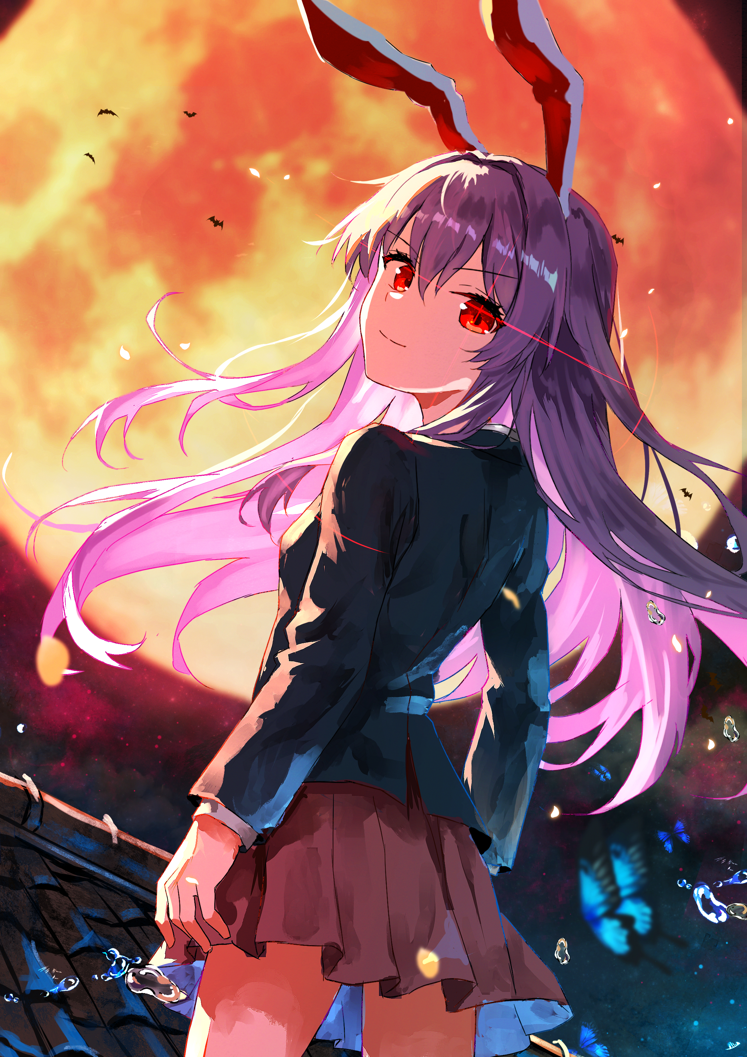 ibushi roun, reisen udongein inaba, touhou, absurdres, commentary request, highres, 1girl, animal ears, black jacket, blazer, closed mouth, eye trail, full moon, jacket, light trail, long hair, long sleeves, looking at viewer, looking back, moon, pink skirt, pleated skirt, purple hair, rabbit ears, rabbit girl, red moon, skirt, smile, solo, very long hair