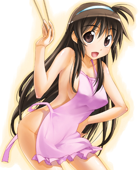 chikugen shiina, 1girl, ahoge, apron, breasts, brown eyes, brown hair, chopsticks, female focus, hairband, hand on own hip, large breasts, long hair, naked apron, open mouth, sideboob, solo