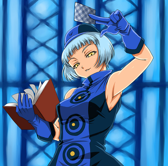 syunzou, elizabeth (persona), atlus, persona, persona 3, armpits, blue hair, book, card, gloves, short hair, sleeveless, solo, velvet room, yellow eyes