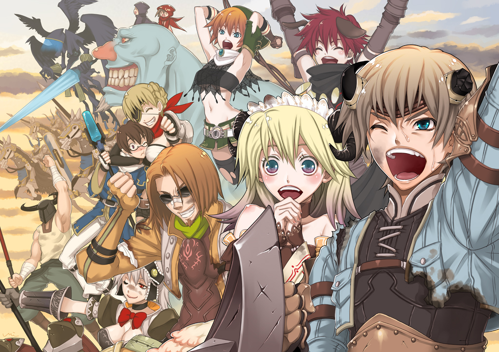 miogrobin, fantasy earth zero, 5girls, 6+boys, everyone, lance, multiple boys, multiple girls, polearm, shield, spear, weapon