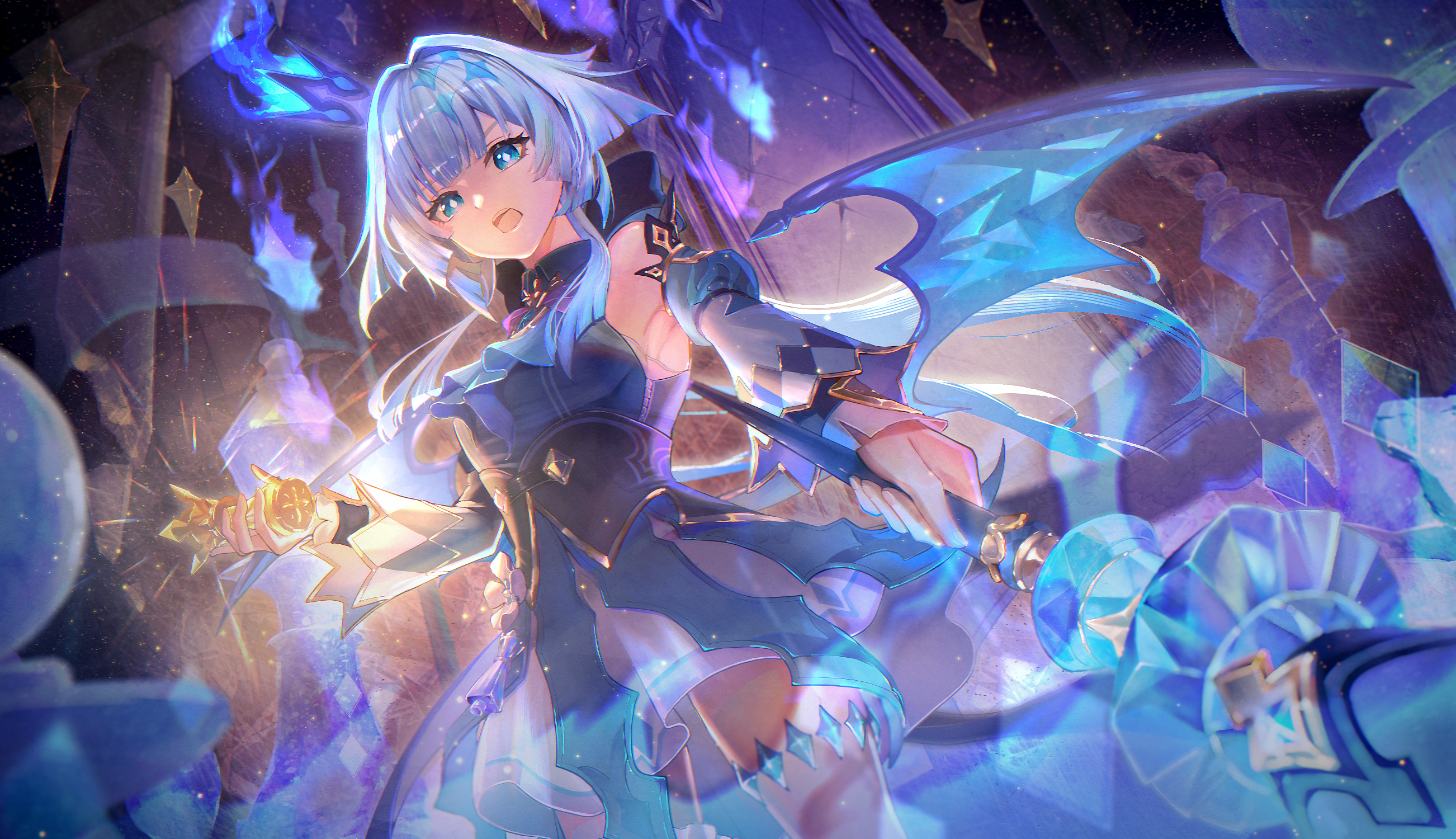 azukimaru, cerydra (honkai: star rail), honkai: star rail, honkai (series), highres, 1girl, bare shoulders, blue dress, blue eyes, blue hair, bright pupils, crown, detached sleeves, dress, floating hair, from below, holding, long hair, looking at viewer, looking down, mini crown, open mouth, solo, standing, very long hair, white hair, white pupils