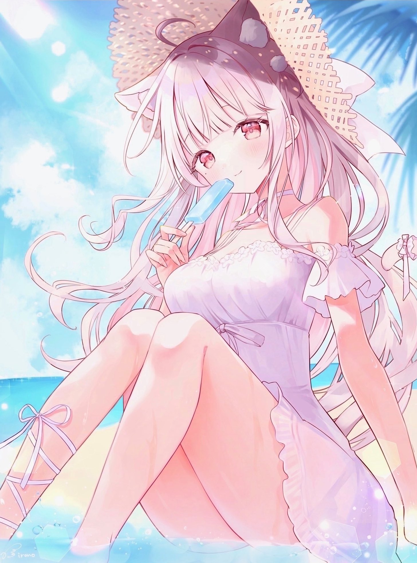 irono1910, uise iu, indie virtual youtuber, highres, 1girl, ahoge, animal ear fluff, animal ears, bare shoulders, beach, blue sky, blush, breasts, cat ears, cat girl, cat tail, choker, closed mouth, cloud, dress, food, grey hair, hat, holding, holding food, holding popsicle, long hair, looking at viewer, medium breasts, mole, mole under eye, ocean, outdoors, pink dress, pink eyes, pink hair, popsicle, sky, smile, solo, straw hat, sun hat, sundress, tail, thighs, virtual youtuber, water, white choker, white dress