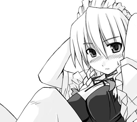 izayoi sakuya, touhou, lowres, tagme, 1girl, blush, breasts, female focus, maid, monochrome, simple background, solo