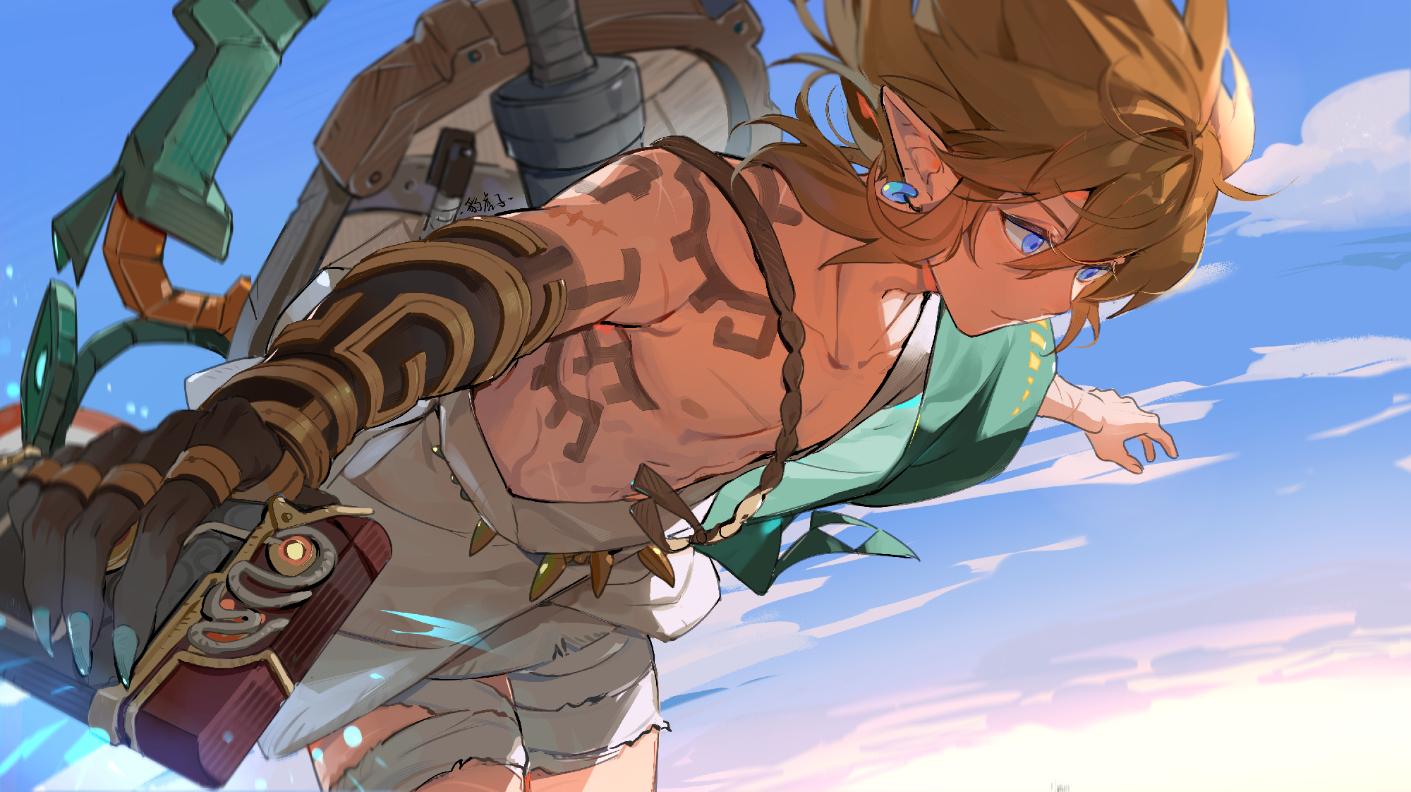 leopardtiger, link, nintendo, the legend of zelda, the legend of zelda: tears of the kingdom, highres, 1boy, archaic set (zelda), arms up, blonde hair, blue eyes, blue sky, book, claws, closed mouth, cloud, cloudy sky, collarbone, day, earrings, fingernails, flying, green tunic, grey shorts, hair between eyes, holding, holding book, jewelry, looking down, male focus, outdoors, pink sky, pointy ears, purah pad, shield, shield on back, short hair, short sleeves, shorts, single bare shoulder, sky, smile, solo, sword, tunic, weapon, white sky