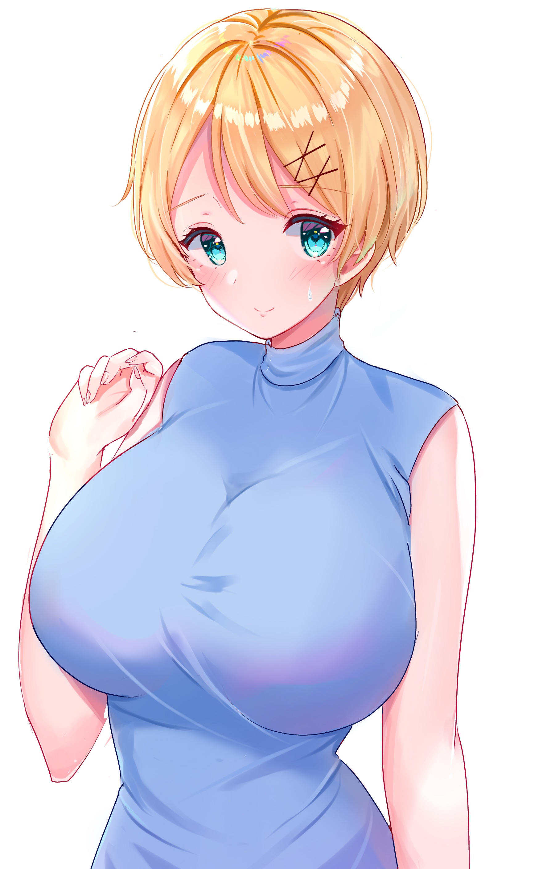 riri5937, ukraine (hetalia), axis powers hetalia, absurdres, commentary request, highres, 1girl, aqua eyes, blonde hair, blue sweater, blush, breasts, closed mouth, hair ornament, hand up, huge breasts, simple background, sleeveless, sleeveless sweater, sleeveless turtleneck, smile, solo, sweater, turtleneck, upper body, white background