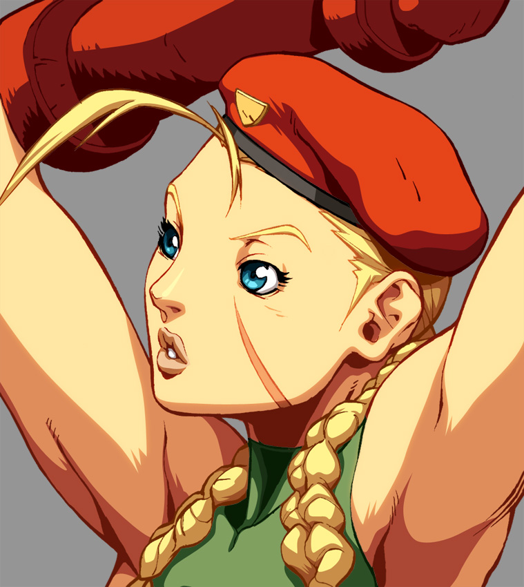 alvin lee, udon entertainment, cammy white, capcom, street fighter, street fighter ii (series), official art, 1girl, antenna hair, armor, armpits, arms up, bare shoulders, beret, blonde hair, blue eyes, braid, close-up, female focus, gauntlets, grey background, hair over shoulder, halterneck, hat, leotard, lips, long hair, military, military uniform, parted lips, profile, scar, simple background, solo, turtleneck, twin braids