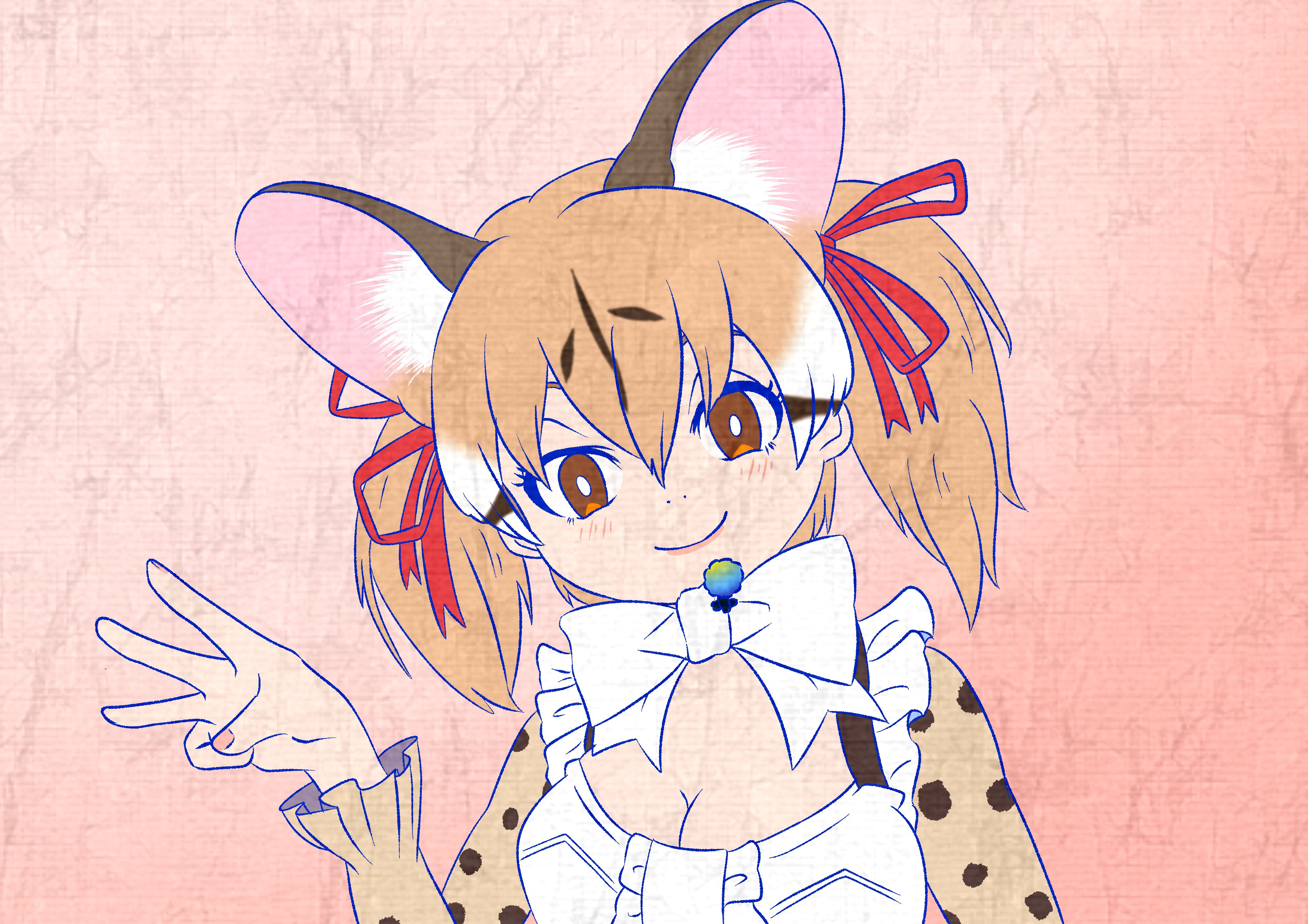 tutti tutio, large-spotted genet (kemono friends), kemono friends, kemono friends v project, absurdres, highres, 1girl, animal ears, bow, bowtie, brown eyes, brown hair, cat ears, cat girl, extra ears, long hair, looking at viewer, microphone, red background, red ribbon, ribbon, shirt, simple background, solo, suspenders, twintails, upper body, virtual youtuber