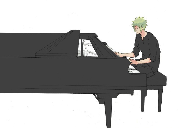 volkner (pokemon), nintendo, pokemon, 1boy, grand piano, green hair, gym leader, instrument, male focus, piano, piano bench, simple background, sitting, solo, white background