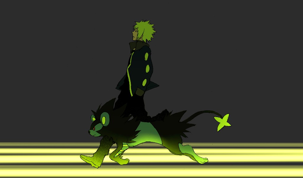 taoru (t kiji), luxray, volkner (pokemon), nintendo, pokemon, pokemon dppt, 00s, 1boy, gen 4 pokemon, glowing, green hair, gym leader, male focus, pokemon (creature), running