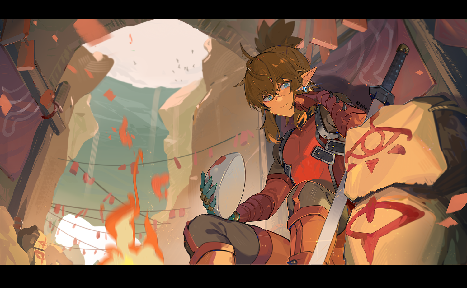 leopardtiger, link, nintendo, the legend of zelda, the legend of zelda: tears of the kingdom, commentary request, 1boy, arch, black pants, blue eyes, blue hands, boots, bowl, brown boots, brown hair, cave, clenched hand, closed mouth, colored extremities, crossed bangs, day, earrings, embers, feet out of frame, fire, gauntlets, hair between eyes, hand on own cheek, hand on own face, holding, holding bowl, jewelry, knee boots, letterboxed, looking at viewer, male focus, outdoors, pants, pointy ears, ponytail, red shirt, rock, shirt, short hair, sidelocks, sitting, smile, solo, string of flags, sword, weapon, wide ponytail, yiga clan