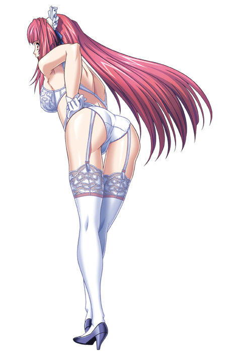 yokota mamoru, tsuzuri (lycoris radiata), lycoris radiata, lace-trimmed legwear, 1girl, ass, bent over, bra, breasts, female focus, from behind, full body, garter belt, gloves, high heels, lace, lace trim, legs, lingerie, long hair, maid headdress, panties, red eyes, red hair, shoes, simple background, solo, thigh gap, thighhighs, underwear, underwear only, very long hair, white panties, white thighhighs