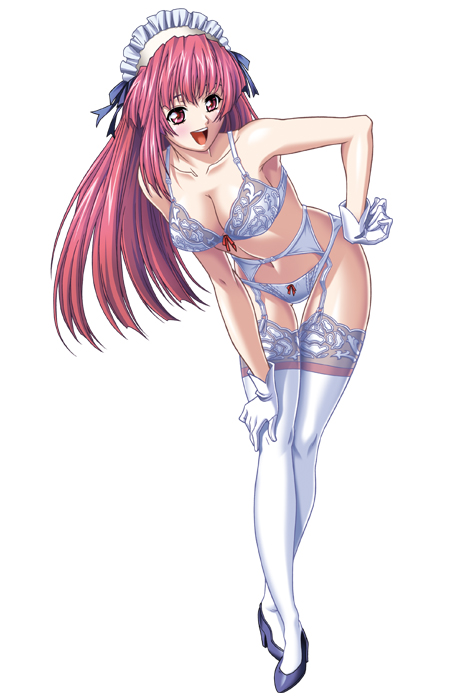 yokota mamoru, tsuzuri (lycoris radiata), lycoris radiata, lace-trimmed legwear, 1girl, bent over, blush, bow, bow panties, bra, breasts, cleavage, crossed legs, female focus, garter belt, gloves, hand on own hip, hip focus, lace, lace trim, legs, lingerie, long hair, maid headdress, panties, red eyes, sitting, solo, thigh gap, thighhighs, underwear, underwear only, very long hair, white panties, white thighhighs