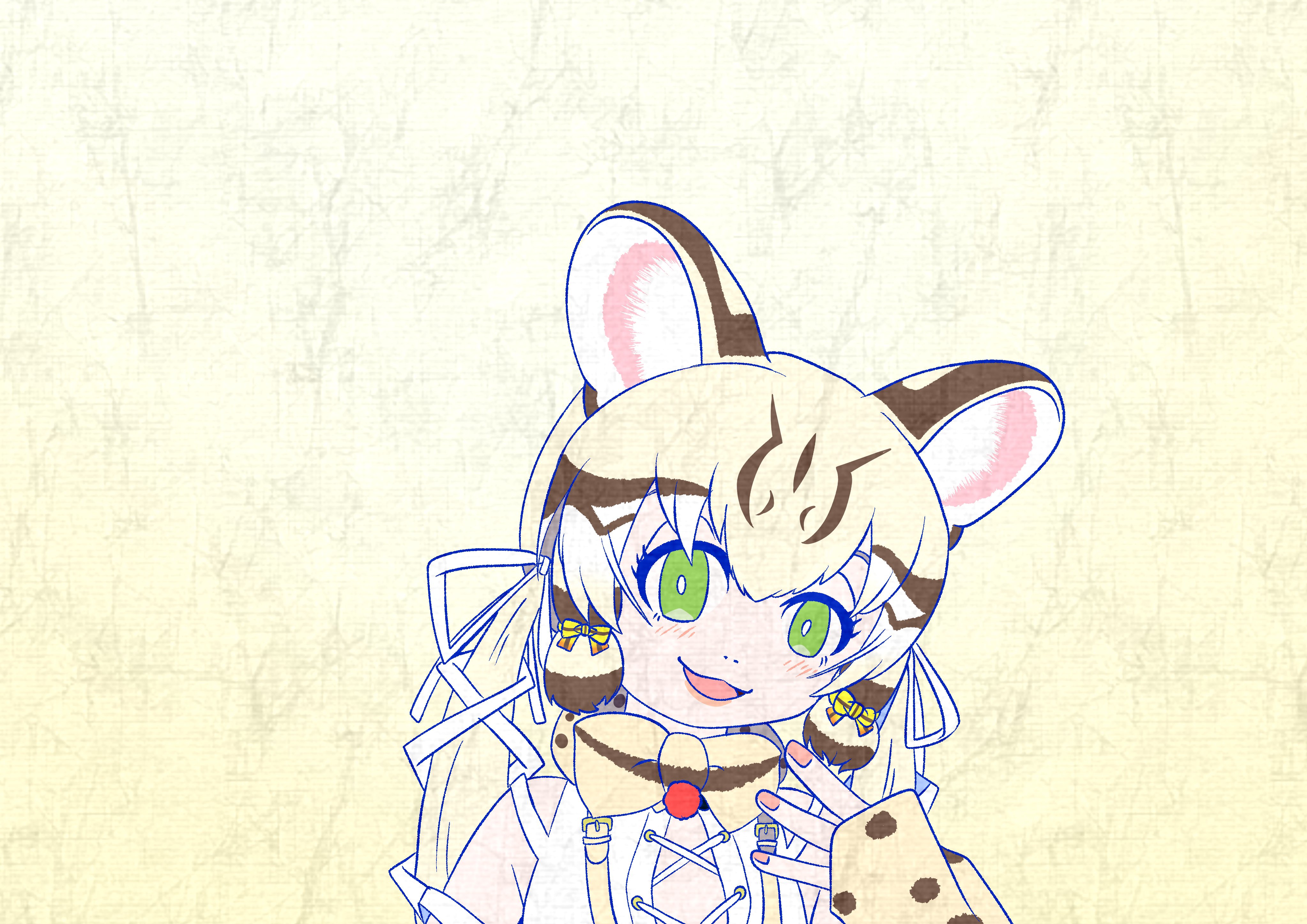 tutti tutio, geoffroy's cat (kemono friends), kemono friends, kemono friends v project, absurdres, highres, 1girl, animal ears, bow, bowtie, cat ears, cat girl, extra ears, green eyes, grey hair, long hair, looking at viewer, microphone, ribbon, shirt, simple background, solo, suspenders, twintails, upper body, virtual youtuber, white ribbon, yellow background