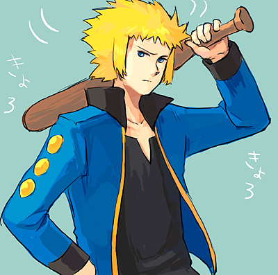volkner (pokemon), nintendo, pokemon, lowres, 1boy, baseball bat, blonde hair, blue eyes, green background, gym leader, holding, holding baseball bat, male focus, simple background, solo, weapon