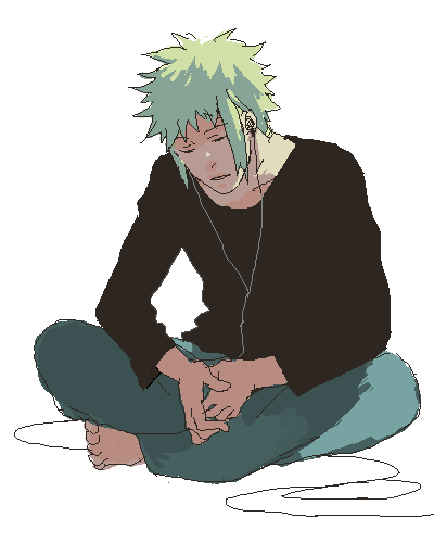 volkner (pokemon), nintendo, pokemon, lowres, 1boy, earbuds, earphones, full body, gym leader, headphones, male focus, music, simple background, sitting, sleeping, solo, white background