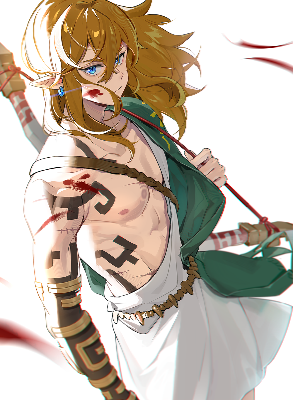 leopardtiger, link, nintendo, the legend of zelda, the legend of zelda: tears of the kingdom, commentary request, highres, 1boy, archaic set (zelda), blood, blood on face, blue eyes, blurry, bow (weapon), brown hair, closed mouth, cowboy shot, crossed bangs, earrings, floating hair, hair between eyes, holding, holding strap, jewelry, long hair, male focus, pointy ears, solo, standing, weapon, white background