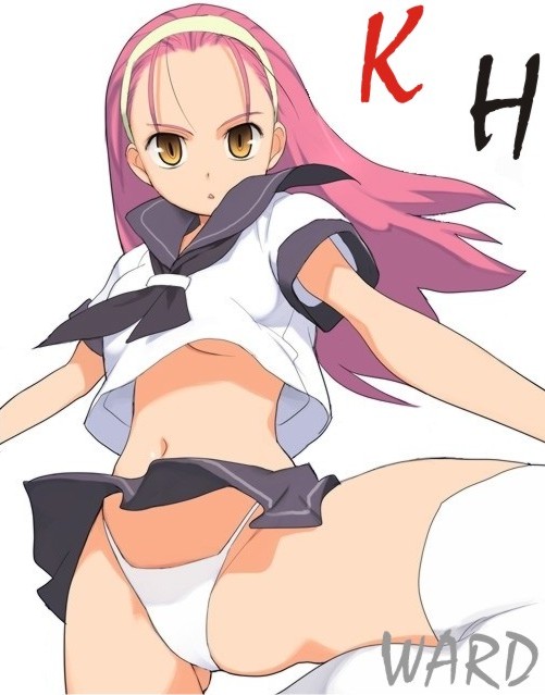 white legwear, brown eyes, legs, long hair, navel, panties, pants, pink hair, school uniform, serafuku, skirt, thighhighs, underwear, white panties