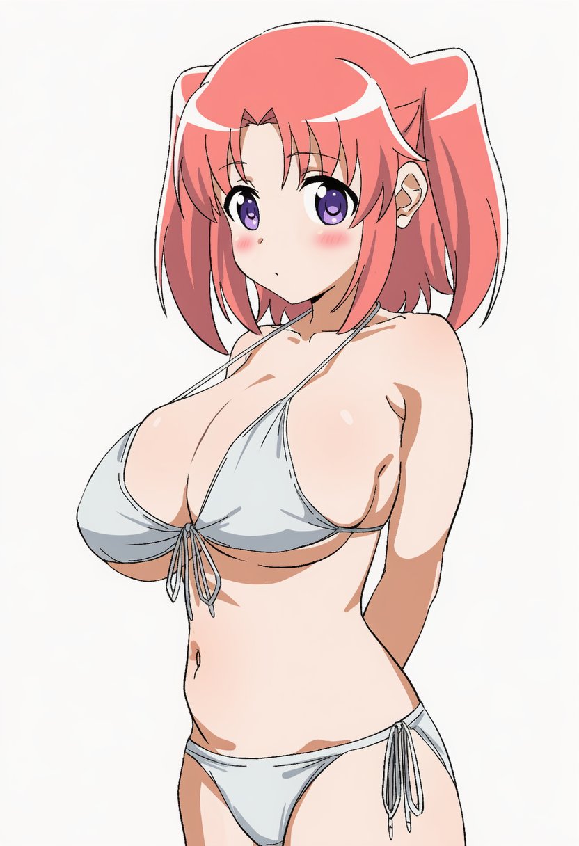 heroherochan115, yonomori kobeni, mikakunin de shinkoukei, commentary request, highres, 1girl, anime coloring, arms behind back, bikini, blush, breasts, cleavage, closed mouth, collarbone, front-tie bikini top, front-tie top, gradient background, grey background, large breasts, looking at viewer, navel, orange hair, parted bangs, purple eyes, side-tie bikini bottom, solo, stomach, string bikini, swimsuit, two side up, white bikini