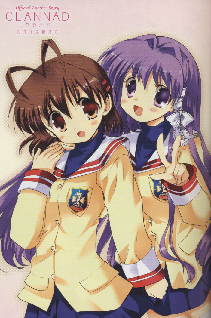 fujibayashi kyou, furukawa nagisa, clannad, scan, 00s, antenna hair, school uniform, serafuku, v
